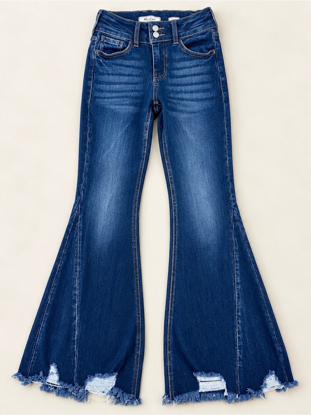 KanCan Girls Size 8 High Rise Flare Stretch Jeans Dark Wash Distressed Hem